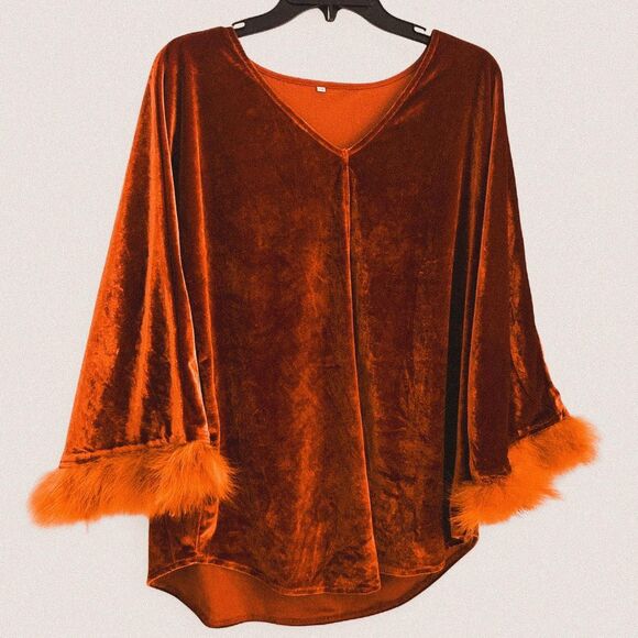 Red-Orange Velour Feather Trim V-Neck Top Medium Y2K - Picture 1 of 4